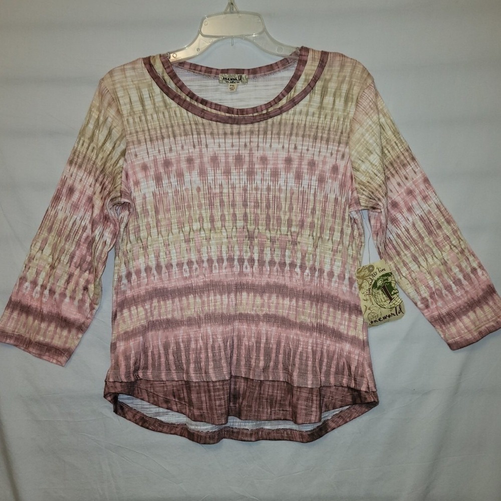 One World Live and Let Live Pink Ikat Print 3/4 Sleeve Top‎ PXL New